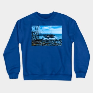 Rope foot bridge from plateau to rock island BLUE Crewneck Sweatshirt